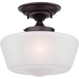 Regency Hill Schoolhouse Floating Modern Farmhouse Ceiling Light Semi Flush Mount Fixture 12" Wide Bronze White Glass Shade for Bedroom Living Room - 1 of 4