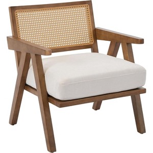 Mid-Century Farmhouse Accent Chair - Wood Armchair with Rattan Backrest & Removable Linen Cushion for Living Room, Bedroom - 1 of 4