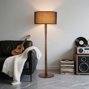 61" Walnut Wood Standing Floor Lamp with Linen Drum Shade, Modern Accent Light for Living Room, Bedroom, Hallway & Study - 1 of 4