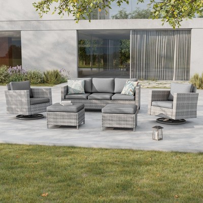Sonkuki 5-Piece Patio Conversation Set with Swivel Rocking Chair, Navy Blue Cushion