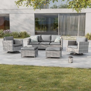 Sonkuki 5-Piece Patio Conversation Set with Swivel Rocking Chair, Navy Blue Cushion - 1 of 4