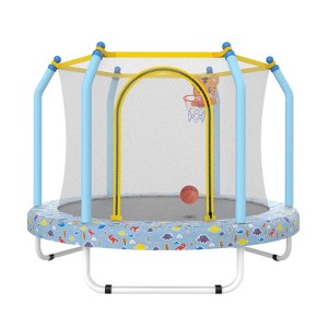 SEVOBAL 55" Trampoline for Kids with Enclosure Indoor Outdoor Small Toddler Trampoline with Basketball Hoop for Boys Girls, Blue, 55"*55"*44" - 1 of 4