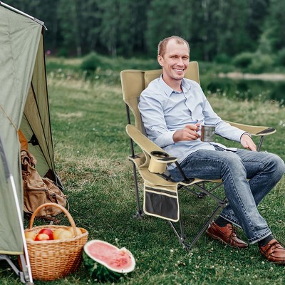 Khaki Folding Camping Chair with Detachable Footrest and Black Frame