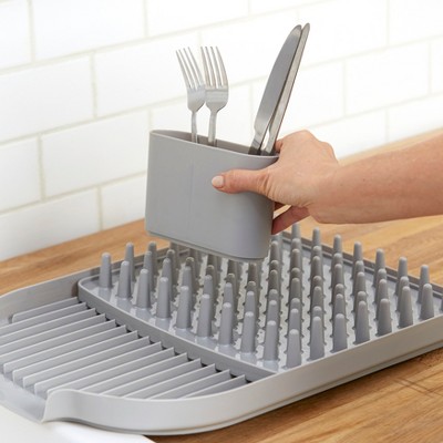 Gray Polypropylene 3-Piece Dish Drying Rack with Flatware Holder