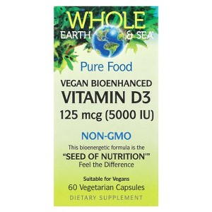 Natural Factors Whole Earth & Sea®, Vegan Bioenhanced Vitamin D3, 125 mcg (5,000 IU), 60 Vegetarian Capsules - 1 of 4