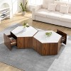 Vynxaria Rustic Retro Hexagonal Coffee Table 2 Hidden Drawers, Textured White Marble Tops, Walnut Oak Finish, for Living Room & Reception Areas - 4 of 4