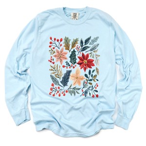 Christmas Flowers and Berries Distressed - Women's Garment Dyed Long Sleeve Graphic T-Shirt - 1 of 4