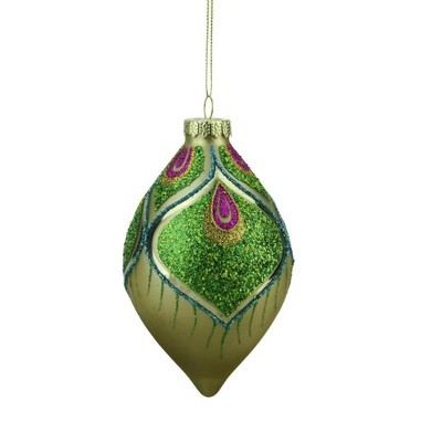 Northlight 5.5" Regal Peacock Gold and Green Glittered Glass Finial Christmas Ornament