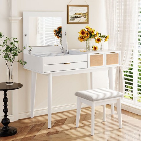 43.3 Yami Classic Wood Bedroom Vanity Table Makeup Dresser Desk In White with Mirrored Drawers and Stool Maison Boucle