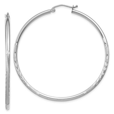 Black Bow Jewelry 2mm x 50mm 14k White Gold Satin & Diamond-Cut Round Hoop Earrings
