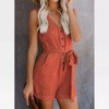 Womens Summer Sleeveless V Neck Romper Waist Belted Shortall Linen Romper Summer Short Jumpsuits Front Button Romper with Pockets - 3 of 4