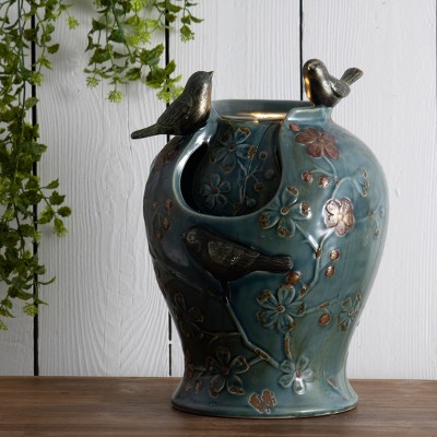Blue Verdigris Ceramic Bird Indoor Water Fountain with LED Light