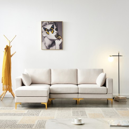 75 Modern Sectional Sofa Couch, 4-Seat L-Shaped Upholstered Couch Set with 3 Free Pillows, Beige-ModernLuxe