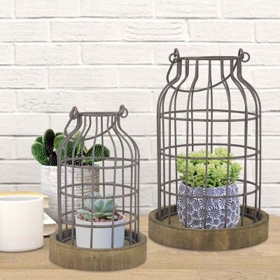 Rustic Brown Metal Wire Candle Lantern Set with Wooden Base