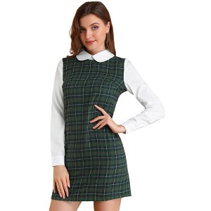 Allegra K Women's Contrast Peter Pan Collar Long Sleeve Above Knee Shift Plaid Dress - 1 of 4