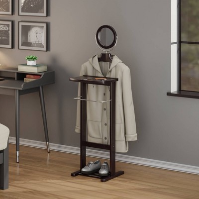 Espresso Brown Wood Valet Stand with Mirror and Storage