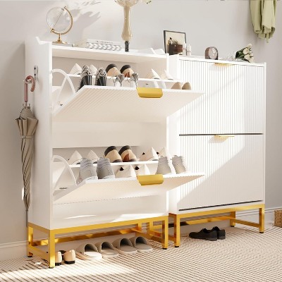 Modern Wave Shoe Cabinet with 2 Flip Drawers, Slim Fluted Entryway Organizer with Metal Frame