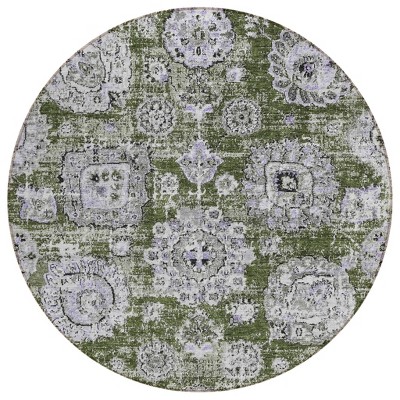 Olive Green And Gray Floral Washable Indoor Outdoor Area Rug
