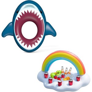 Jasonwell Inflatable Shark Pool Float & Rainbow Cloud Drink Holder - Summer Water Fun for Kids & Adults, Pool Party Raft Lounge Toy, Blue & Maroon - 1 of 4