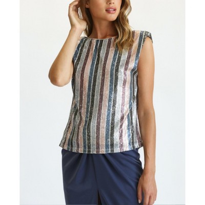 Women's Striped Sequin Shoulder Pad Sleeveless Top - Fate