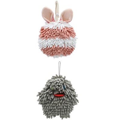 REGALWOVEN 2 Packs Fluffy Chenille Rabbit Shape Cute Soft Absorbent Hanging Ball Hand Towels 7" x 7"
