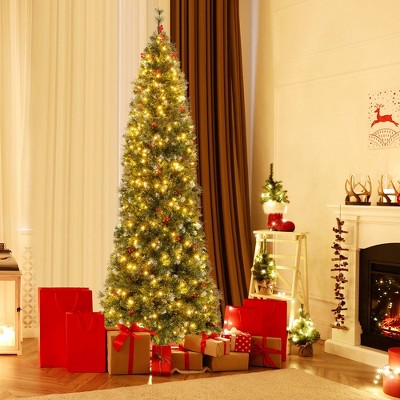 Costway 5 FT Pre-Lit Christmas Tree Slim Pencil Hinged with 200 Lights & 408 Branch Tips