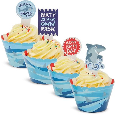  Blue Panda 52-Pack Shark Cupcake Toppers Picks & Wrapper Liners for Kids Birthday Party Supplies 