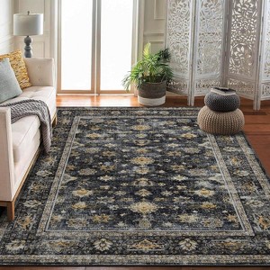 Indoor Washable Area Rug, Vintage Living Room Carpet, Floral Bedroom Retro Accent Throw Rug Office Dining Room Nursery, Brown/Black/Gray/Green - 1 of 4