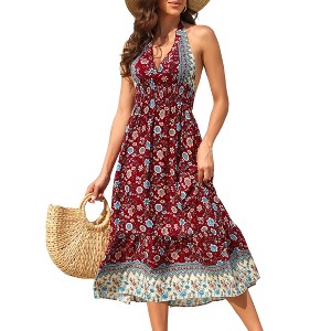 Clearlove Women Backless Floral Summer Dress Plunging V Halter Neck Spaghetti Strap Ruffle Casual Beach Holiday Midi Dress - 1 of 4