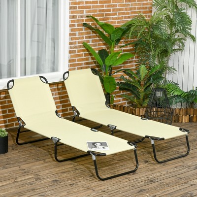 Beige Folding Armless Chaise Lounger with Cushions, Set of 2