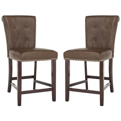 Transitional Tufted Brown Leather Counter Stool - Set of 2