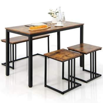 Tangkula 4-Piece Dining Table Set Industrial Kitchen Table Set w/ Bench & 2 Stools for 4