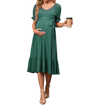 Coolmee Women Maternity Midi Dress Casual Pleated A Line Short Puff Sleeve V Neck Baby Shower Sundress with Belt