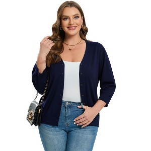 Clearlove Knit Cardigan for Plus Size  Women Open Front Button Lightweight Sweaters V Neck Loose 3/4 Sleeve Cardigans Outwear - 1 of 4