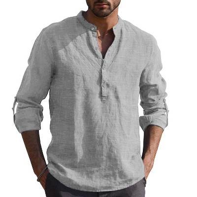 COOFANDY Men's Casual Beach Cotton Linen Henley T-Shirts Gray L