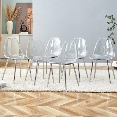 6Pcs Dining Chairs Set, Modern Transparent Kitchen Chairs With Metal Legs, Armless Clear Desk Side Chair, For Dining Room, Living Room