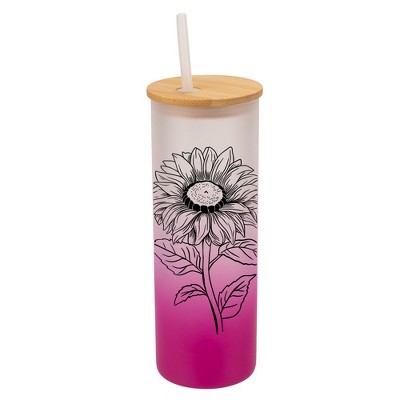 Elanze Designs Joyful Sunflower Pink Frosted Gradient Glass Tumbler with Bamboo Lid & Straw 25 ounce Reusable Iced Coffee or Water Cup