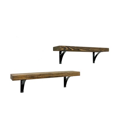 del Hutson Designs 24 Inch Industrial Grace Simple Bracket Farmhouse Solid Natural Pine Wood Wall Mount Display Floating Shelf, Dark Walnut (Set of 2)