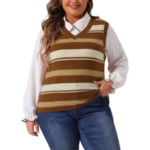 Agnes Orinda Women's Plus Size Sleeveless Casual V-Neck Striped Knit Sweater Vests - 1 of 4