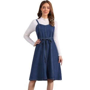 INSPIRE CHIC Women's Denim Sleeveless Sweetheart Neck Midi Smocked Cross Back A-Line Belted Jean Dresses - 1 of 4