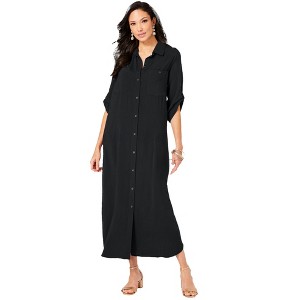 Roaman's Women's Plus Size Collared Button Front Dress - 1 of 4