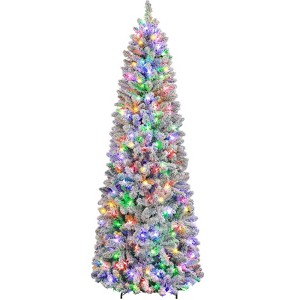 Vivatrees 7.5 ft Prelit Pencil Christmas Tree, Snow Flocked with 10 Lighting Modes, Metal Stand, Hinged Branches, Slim Xmas Pine Tree, White - 1 of 4