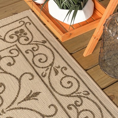 Charleston Vintage Filigree Beige & Brown 2'x8' Indoor/Outdoor Runner Rug