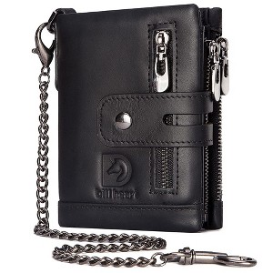 Mens Wallet with Chain Genuine Leather Purse RFID Blocking Bifold Double Zipper Coin Pocket - 1 of 4