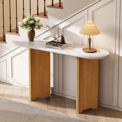 KIGFTSOD Narrow Console Table - Oval Faux Marble Top, Rustic Style with Curved Legs, Hallway & Entryway Accent Table for Living Room