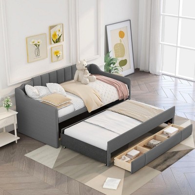 Streamdale Twin Size Upholstered Daybed with Trundle and Three Drawers,Grey