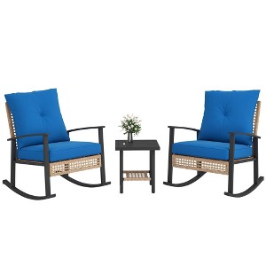 Outsunny 3 Pieces Patio Bistro Set, Wicker Furniture Set with Button Tufted Cushions, Rattan Rocking Chairs and Coffee Table - 1 of 4