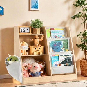FONTOI Kids Bookshelf, Book Shelf for Kids Rooms, 3 Tier Sling Bookcase Baby Toy Organizer Toddler Nursery Book Shelves, Brown, 32.3"x 15.7" x 29.5" - 1 of 4