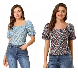 Allegra K Women's Puff Sleeve Square Neck Peasant Floral Blouse 2 Packs - 1 of 4