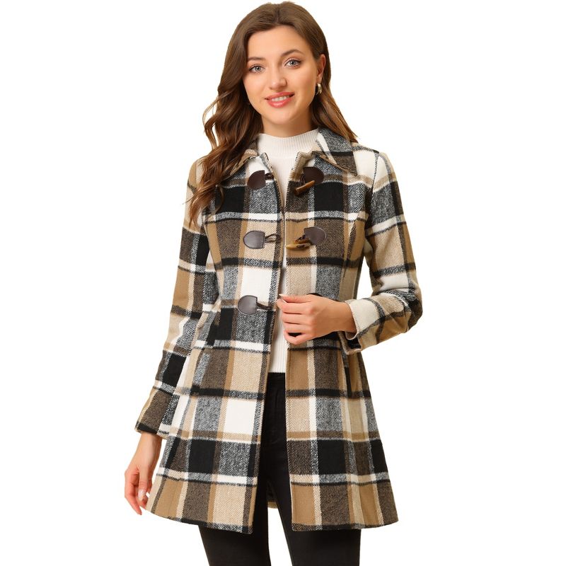 Allegra K Women's Toggle Outerwear Classic Turn Down Collar Plaid Duffle Front Pea Coat, 1 of 7